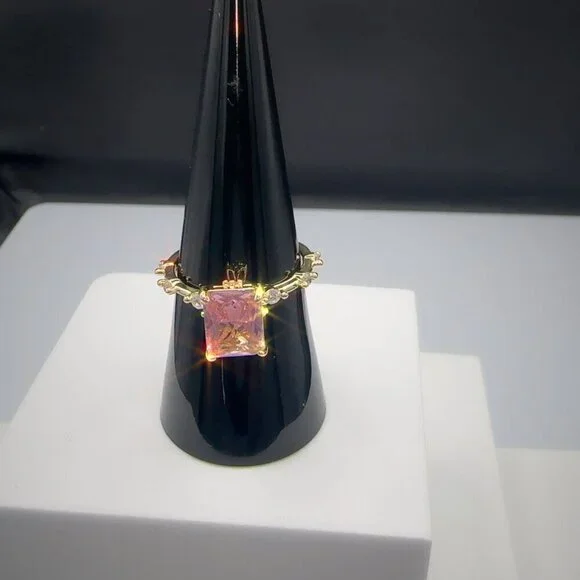 Gemstone Ring Pink Radiant Cut Gold Plated Brass Size 5 - Picture 8 of 8